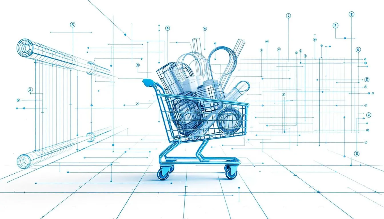 A shopping cart filled with fence mesh wire products.