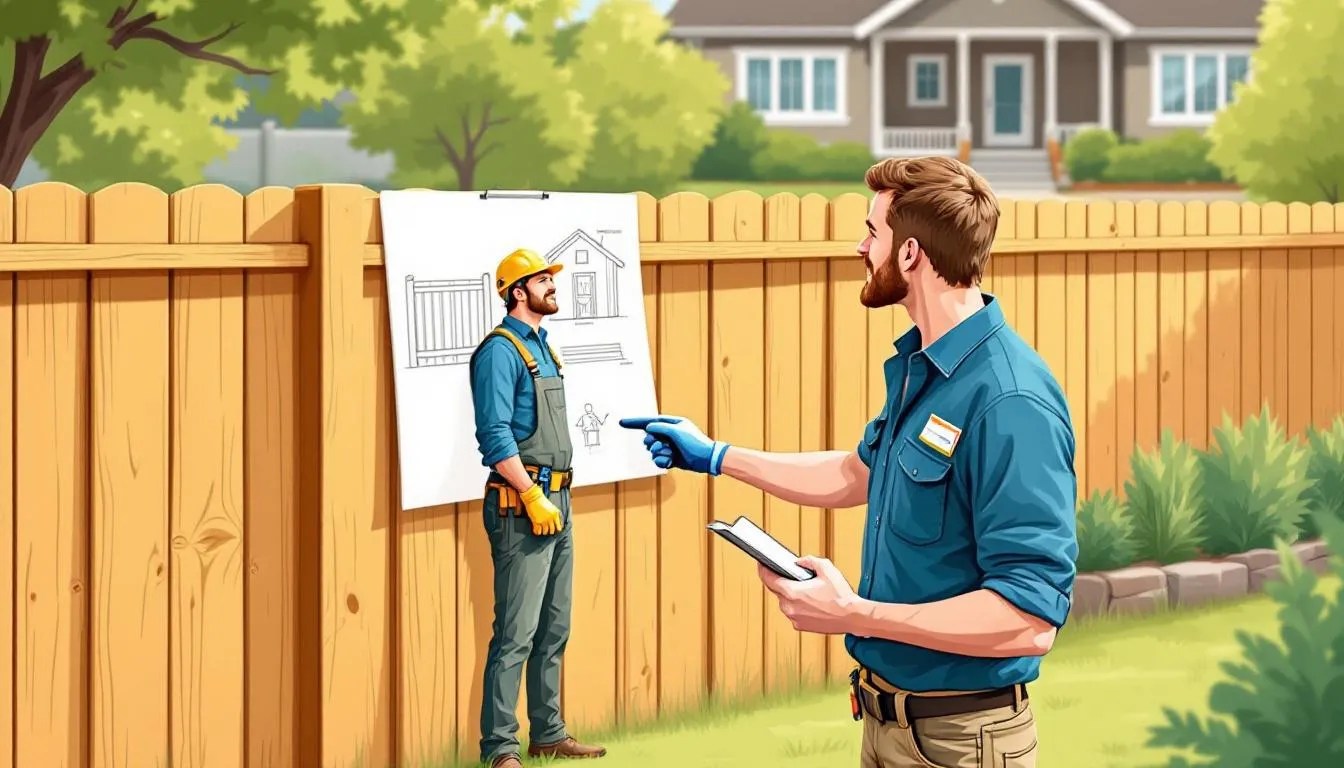A professional fence contractor discussing plans with a homeowner.