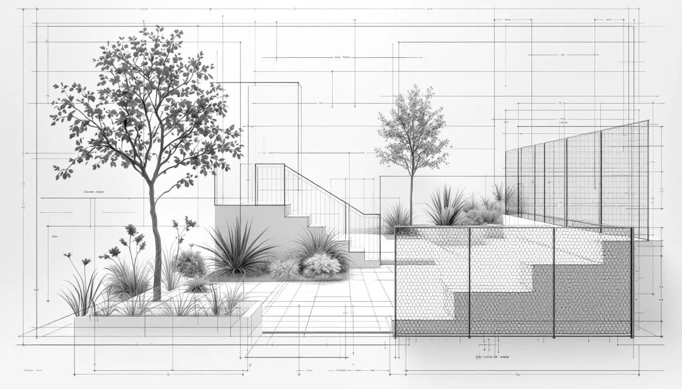 A variety of fence mesh wire applications in a garden setting.