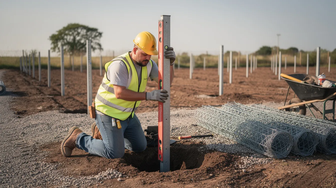 A worker is installing chain link fence posts securely into the soil, preparing for the addition of durable chain link fence fabric made from hot dipped galvanized steel. The installation is designed to provide visibility and security for the outdoor site, ensuring the fence meets commercial specifications.