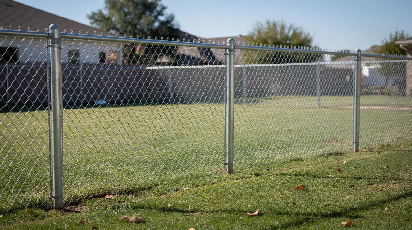 The image features a galvanized chain link fence surrounding a backyard, showcasing the durable hot dipped galvanized steel material that provides security and corrosion resistance. The fence fabric is designed with a mesh size that ensures visibility while maintaining a secure enclosure around the outdoor space.